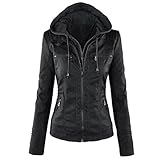 Oyrcvweuy Veste courte en cuir synthétique pour femme avec capuche amovible et fermeture éclair
