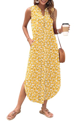 Image of AUSELILY Womens Summer Casual Maxi Dresses 2026 Sleeveless Long Beach Dresses V Neck Loose Sundresses with Side Split Pockets