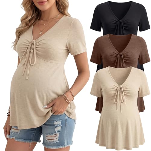 Cutecrop 3 Pack Women Maternity Shirts Short Sleeve V Neck Ruffle Pregnancy Tops Casual Drawstring Babydoll Tie Front Tunic(XL,Black, Khaki, Apricot)