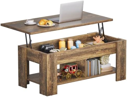 NOBLEWELL Coffee Table Lift Top with Storage Compartment and Separated Open Shelves, Pop Up Coffee Table for Living Room, 39.4in L, Vintage Brown