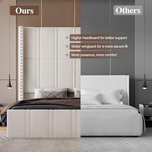 Smpath King Size Bed Frame with 65.75" Tall Headboard, Modern Velvet Upholstered Platform Bed with Storage Pockets & Wide Wingback, Noise-Free, No Box Spring Needed, Easy Assembly, Beige — view 6