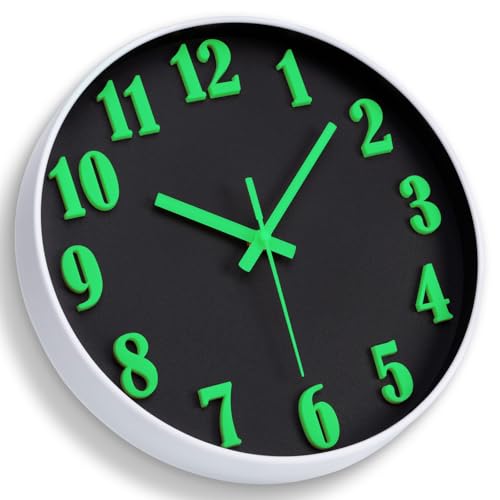 Wall Clock - Glow in The Dark Clock 12 Inch Silent Wall Clock Non Ticking Battery Operated Night Light Analog Digital Large Neon Clock for Home Decor Living Room Bedroom Kitchen Bathroom