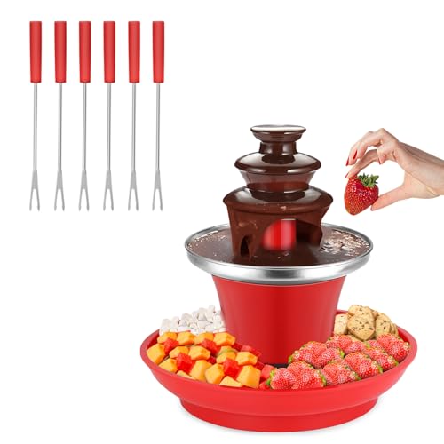 7.9oz Mini Chocolate Fondue Fountain, Mini Chocolate Melting Pot, MIni Warmer Machine with 6PCS Fondue Fork and Removal Fruits/Nuts/Treats Serving Tray for Milk Chocolate, Cheese, Butter, Candy