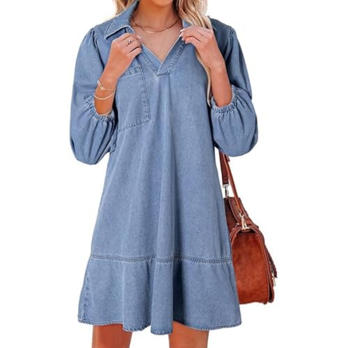 Women's V-Neck Puff Sleeve Denim Layered Dress Mini Dresses 3/4 Puff Sleeve Babydoll with Pockets (Light Blue,S)