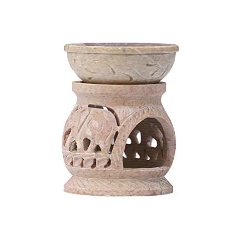 Oil Diffuser / Oil Burner / Oil Warmer with Tealight Heated Detachable Stone Bowl Adorned with Elephant Motifs - Handcarved Soapstone Aromatherapy Essential from India - Unique Stoneware for Aroma / Fragrance / Yoga / Spa [3.5 Inch] Cover