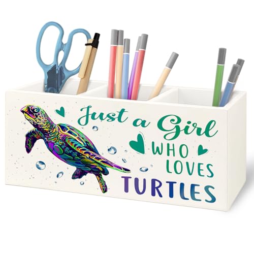 Image of Gifts for Turtle Lovers Wooden Pen Pencil Holder for Classroom Office Desk Accessories, Sea Turtle Gifts for Women Girls, Just a Girl Who Loves Turtles Makeup Brush Toothbrush Holder Organizer