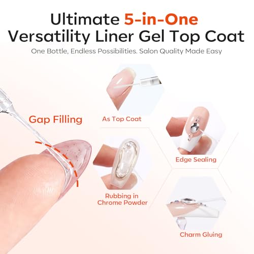 Image of modelones Liner Gel Top Coat for Fine Designs, No Wipe Clear Nail Polish - High Gloss Gap Filling Top Coat Gel, Strong Adhesion for Nail Powder & Rhinestones, U V /LED Light Cure, 15ml