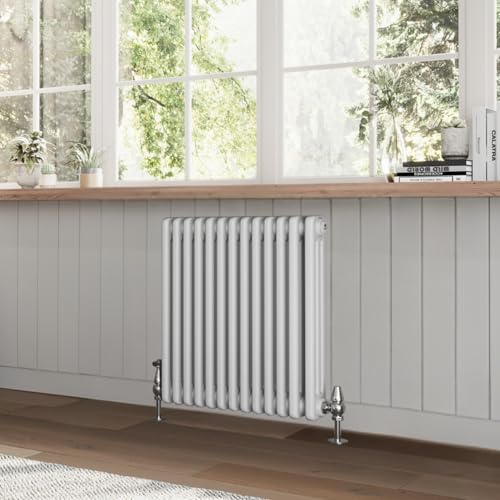 Image of Go Bathrooms Utopia White Horizontal Radiator 600 x 605mm Traditional Cast Iron Style Triple Column White Central Heating Living Room Radiator