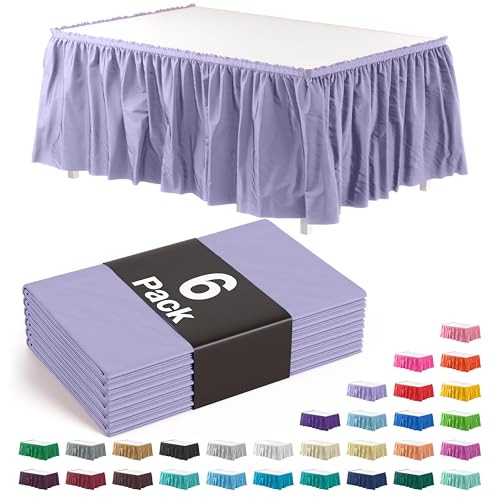 Exquisite Lavender Table Skirt 6 Pack - Disposable Plastic Table Skirts for Rectangle Tables 6ft 8ft & Round Tables - 29in x 14ft Self-Adhesive Strip - Birthday Wedding Gender Reveal Decor