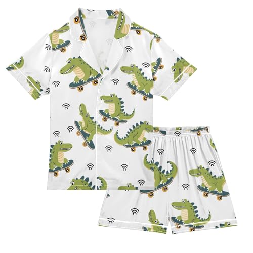 ALAZA Cartoon Crocodile Animal White Pajamas Satin Pajama Set Short Sleeve Button Down Sleepwear
