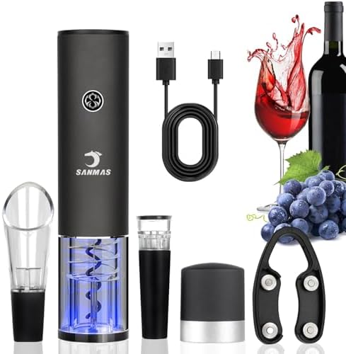 SANMAS Rechargeable Electric Wine Bottle Opener Set - Automatic Corkscrew with Foil Cutter, Wine Stopper & Aerator Pourer - Ideal Gift for Wine Lovers