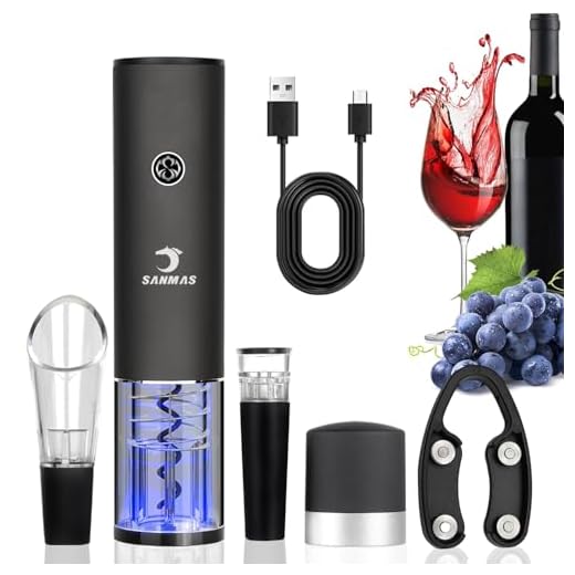 SANMAS Electric Wine Bottle Opener Set, Rechargable Automatic Corkscrew Opener with Foil Cutter Wine Stopper Vacuum Wine Aerator Pourer for Wine Lover Gift
