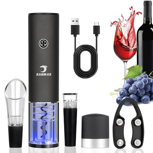 SANMAS Rechargeable Electric Wine Bottle Opener Set - Automatic Corkscrew with Foil Cutter, Wine...