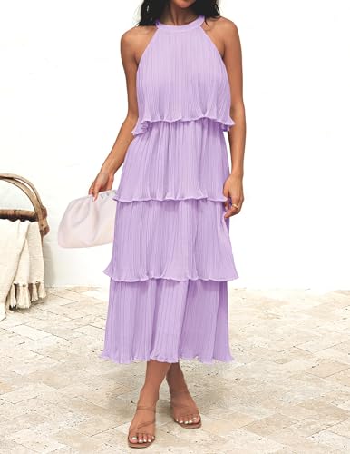 Image of ZESICA Women's 2026 Summer Sleeveless Halter Neck Ruffle Tiered Layered Chiffon Flowy Swing Long Midi Dress