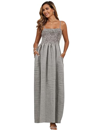 Image of Aigeman Women Detachable Strap Dress Strapless Smocked Bodice Maxi Dress Pockets Long Swing Flowy Beach Sundress 373