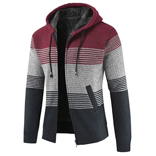 Image of Kinkia Men's Zip Up Hoodies Casual Long Sleeve Full Zipper Sherpa Fleece Lined Knit Cardigan Sweater Jacket with Pockets
