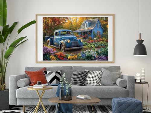 Image of Moohue 14ct Counted Cross Stitch Kits for Adults Car Garden House Printed Stamped Cross Stitch Patterns Kits Cross Stitch Supplies (Car Garden House)
