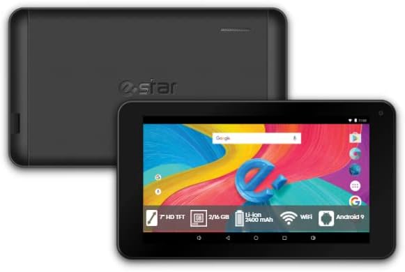Front and back view of the eSTAR MID7399 tablet, showing the screen displaying the Android home screen with colorful wallpaper.