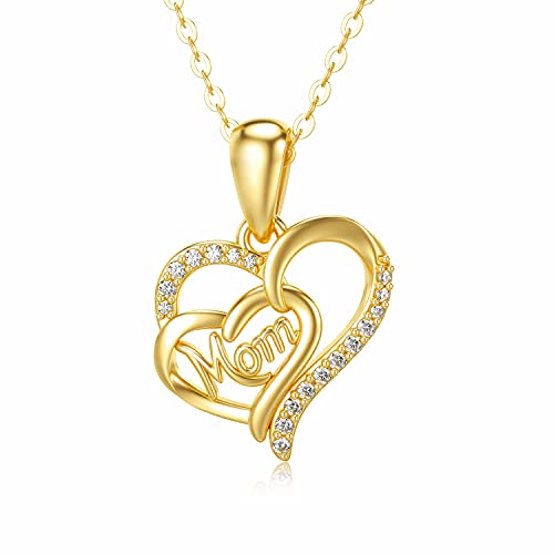Rikelus Mothers Day Gift For Mom,14K Real Gold Mom Heart Necklace For Women Wife Mom Grandma,Yellow Gold I Love You Mom Pendant Necklace Jewelry Gift For Mothers Day 16+1+1 Inch #TOP17