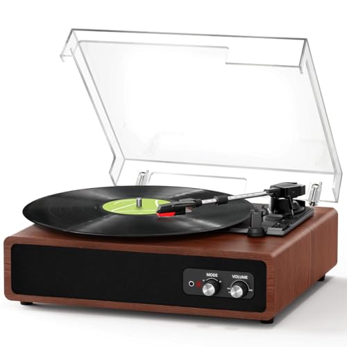 Platine Vinyle, FYDEE Tourne Disque Vinyle Bluetooth avec Émetteur pour Enceintes, Portable avec 3 Vitesses 33/45/78 TR/Min, 2 Haut-Parleurs Intégrés, Sortie RCA, Entrée AUX - Marron Foncé