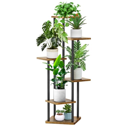 YOCOMEY 6 Niveaux Support de Plante en Métal Bois, Multiple Étagère à Fleurs Support de Pots Fleurs Porte Plantes Interieur, Décoratif Présentoir...