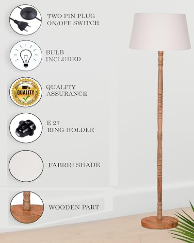 Image of Homesake Mid Century Modern Floor Lamp for Living Room | Hand Turned | Corner Lamp for Living Room, Stand Lamp with Fabric Lampshade for Bedroom, Study Room and Office, (White)
