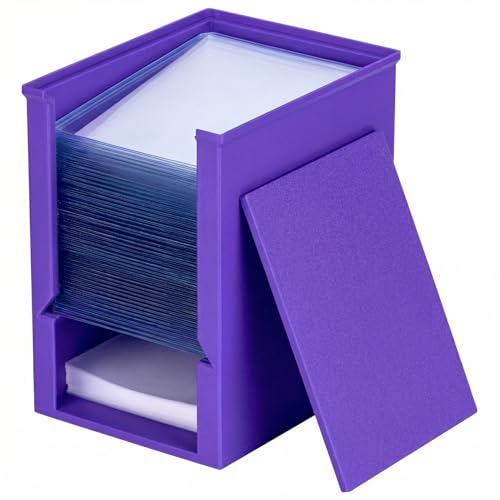 XSHINOVA Toploader Dispenser & Penny Sleeve Holder - Dual Compartment Holds 250 Penny Sleeves & up to 50 Top Loaders, Stackable Card Storage Box with Dustproof Lid (Purple)