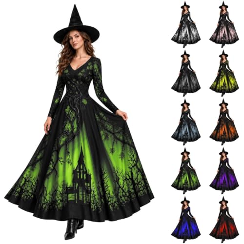 GAHIEDIM Halloween Costume Witch Costume Women Treehouse Thorns Printed Halloween Costumes Gothic Green Large - image 1