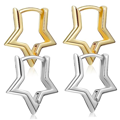 OATIPHO 2 Pares pendientes estrella pendientes de aro con estrella pendientes de estrella women hoop earrings pendientes dorados aretes aros geométricos pendientes de plata para mujer 18k