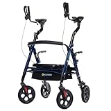 ELENKER All Terrain Heavy Duty Upright Walker with Extra Wide Seat, Foldable Aluminum Bariatric Stand Up Rolling Walker, 10” Wheels, Fully Adjustment Frame, Support up to 500 lbs for Seniors, Blue