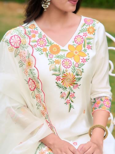Image of NIVANA Womens Embroidered Rayon Kurta with Pant & Organza Embroidered Dupatta | Straight Fit | V-Neck | 3 /4 Sleeve | Ethnic Wear Set for Festive & Casual Occasions