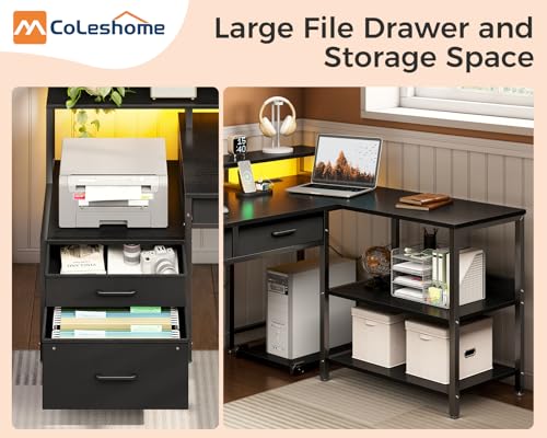 Coleshome 175x100 cm Corner Desk with Drawers, Reversible L Shaped Desk with LED lights & Power Outlet, Home Office Desks with Monitor Shelf, Large Computer Table with Storage Shelf, Black