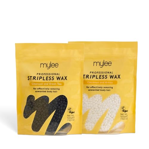 Mylee Professional Hard Wax Beads 1Kg (2x500g) Stripless Depilatory Waxing Pellets Solid Film Beans No Strip Needed Painless Gentle Hair Removal of Full Body Face & Bikini Line (Both Wax Pouches)