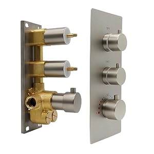 HOMEDEC Brushed Nickel 2 Way Shower Diverter Valve, Brass Dual Functions Thermostatic Shower Mixing Valve Kit 3 Handle Flow Control Valve, 3/4 Inch Inlet, Can Run Simultaneously