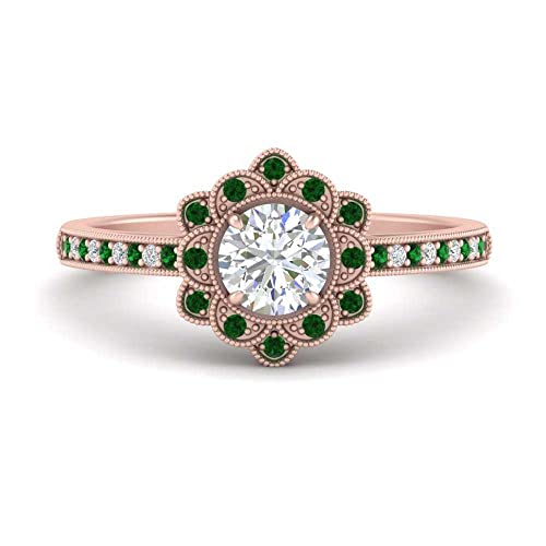 Image of 55Carat Choose Your Gemstone Milgrain Floral Halo Diamond CZ Ring Rose Gold Plated Round Shape Halo Engagement Rings Everyday Jewelry Wedding Jewelry Handmade Gifts for Wife US Size 4 to 12
