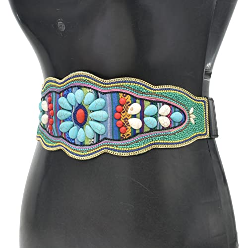 Idealway Bohemian Belts For Women Wide Stretch Elastic Waist Belt Body Chain Handmade Beaded Flower Adjustable Belt For Women (Green A) #TOP3