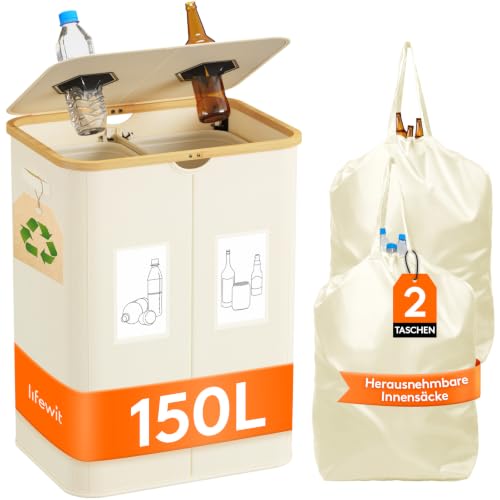 Lifewit 150L Pfandflaschen Sammelbehälter mit 2 Fächern, Elfenbein – Ansicht 1