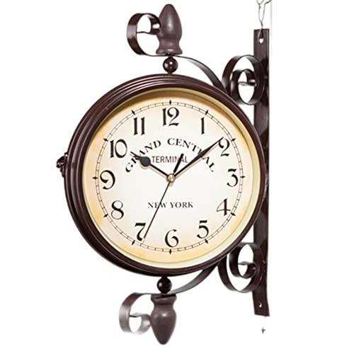 SPORTARC Reloj de pared de doble cara de 8 pulgadas, reloj de pared vintage montado en la pared, rotación de 360°, reloj retro de estación de tren reloj de hierro forjado para patio interior y jardín