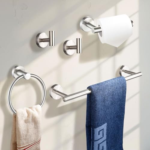 Betadistor Bathroom Hardware Set 5 PCS Stainless Steel Towel Racks Heavy Duty Wall Mounted Towel Bar Toilet Paper Holder Towel Ring Robe Towel Hook Bathroom Accessories Set, Silver, 120505