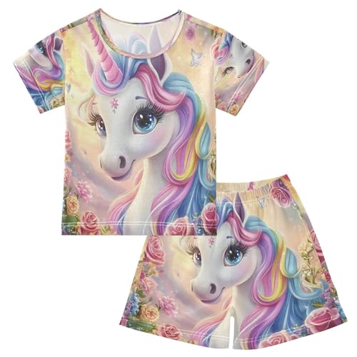 ALAZA Unicorn Rose Flower Floral Pajamas Set Short Sleeve Cotton Sleepwear Summer Pjs 2 Piece 5-14Y