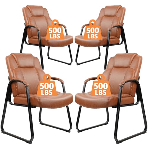 Image of CLATINA Guest Chair Big & Tall 500 lbs, PU Leather Office Reception Chairs, Sled Base, No Wheels, Brown, Set of 4 for Waiting Room, Conference, Lobby, Living Room