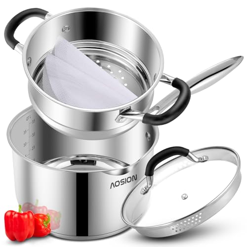 AOSION 3.5 Quart Stainless Steel Saucepan with Steamer Basket,Tri-ply Full Body Steamer Pan,Two Side Spouts for Easy Pour with Ergonomic Handle,Perfect for Vegetables,Boiling,Pasta,Noodles