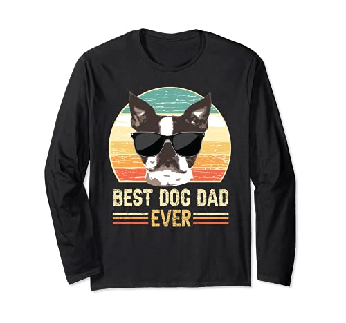 Funny Retro Best Dog Dad Ever Shirt, Dog with Sunglasses Manga Larga