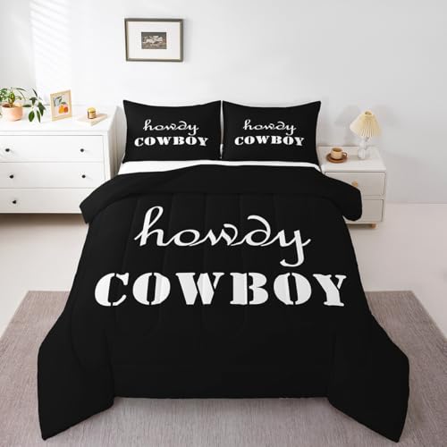 Image of Feelyou Kids Howdy Cowboy Bedding Set Twin Size, Western Black Comforter Set Funny Western Retro Comforter Kids Boys Girls Rustic Duvet Insert Microfiber Bed Set