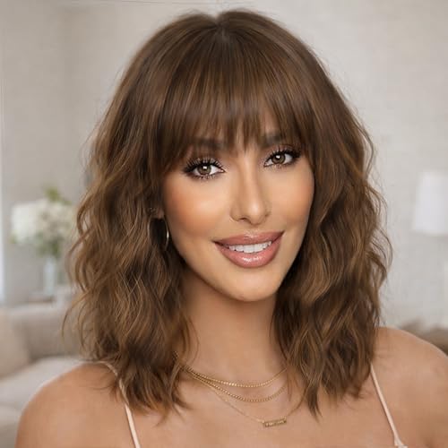 Image of Nnzes Short Wavy Bob Wig with Bangs for Women Shoulder Length Curly Soft Auburn Brown Copper Mix Synthetic Heat-Resistant Fiber Hair for Daily & Party Use
