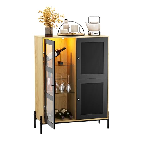 UEV Buffet Rangement Multifonctionnel à Vin, Meuble de Bar à Vin Industriel avec 2 Porte-Verres, Lumière d'ambiance LED, Design en Rotin, pour Salon, Cuisine, Bar, 80x35x107,5cm, Noir et Naturel