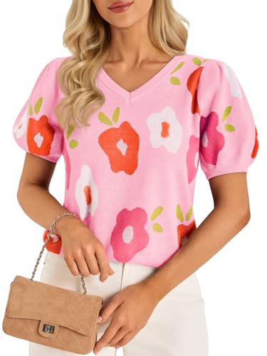 Image of Cicy Bell Womens Puff Short Sleeve Sweater Tops V Neck Floral Knit Shirts