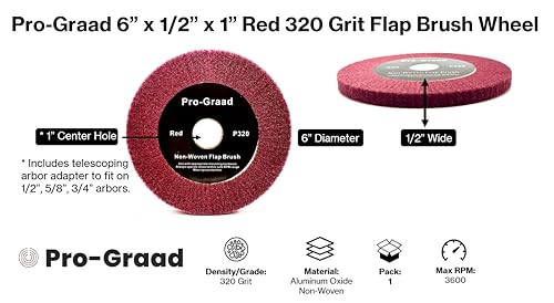 Image of 6 inch x 1 /2 inch x 1 inch Arbor Red Bench Grinder Polishing Flap Wheel, 320 Grit, Tight Weave, Great for refurbishing Golf Clubs and Metal, Non-Woven Wheel for Copper, Metal, Finishing & Burnishing