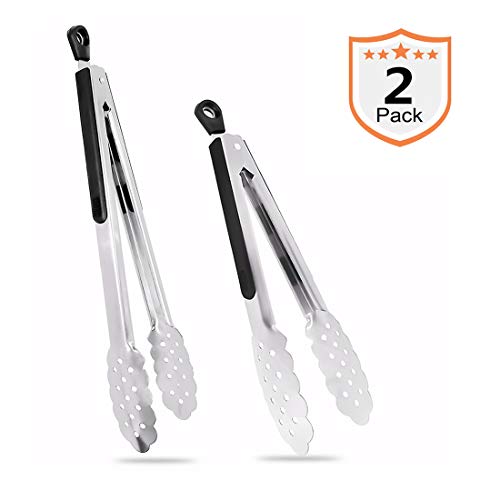 harmiey Kitchen Tongs, 2 packs Barbecue Tongs (9 and 12) Stainless Steel Cooking Tongs Heat Resistant Handle Smart Locking Clip Non-Slip for BBQ, Salad, Grill, Fry, Serving