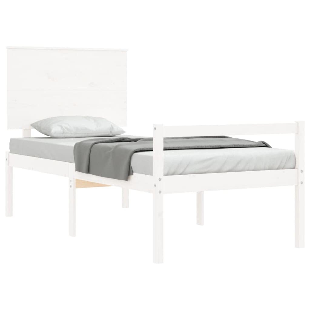 Seniorenbett 90x190 cm mit Kopfteil, Massivholz Kiefer Bettgestell in Weiß, Seniorengerechtes Holzbett mit 45 cm Sitzhöhe, Einzelbett für Senioren und Erwachsene